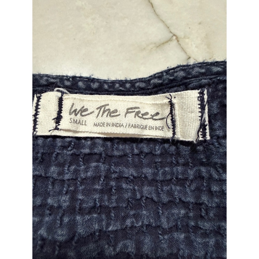 Free People We The Free Navy Blue Smocked Button Down Peasant Blouse Top - Picture 10 of 11